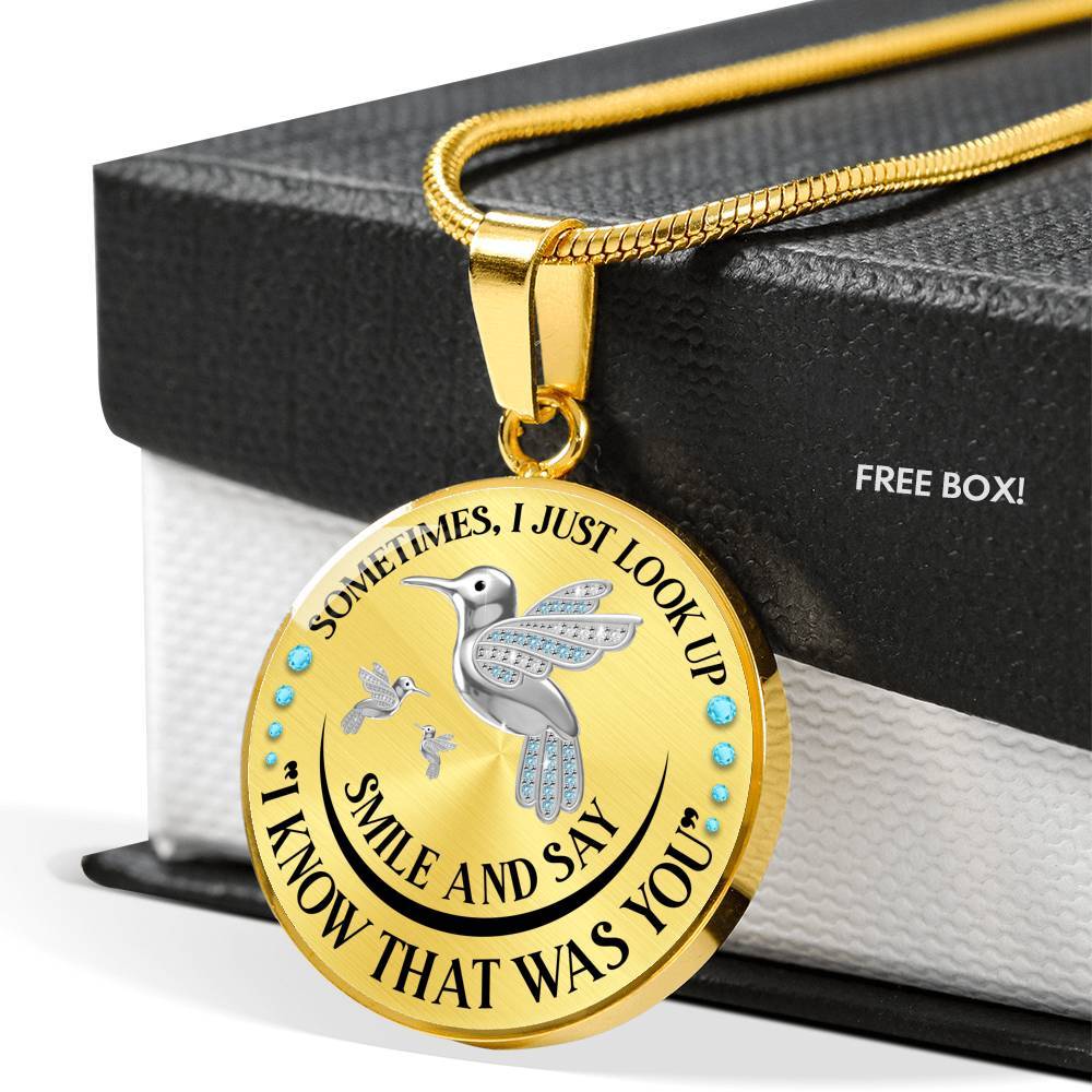 Personalized Hummingbird Sometimes I Just Look Up Smile And Say I Know That Was You Memorial Circle Pendant Necklace - Circle Luxury Necklace (Gold Plated)