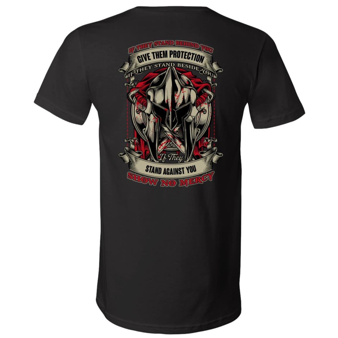 Sparta If They Stand Behind You Give Them Protection If Against You Show No Mercy Plain Front - Print on Back T-Shirt - V-Neck, Black, V-Neck T-Shirt