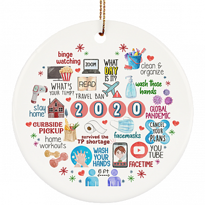 Cute Quarantine Stay At Home 2020 Holiday Flat Circle Porcelain Ceramic Ornament Keepsake - Pandemic Christmas Gift, White, Circle Ornament