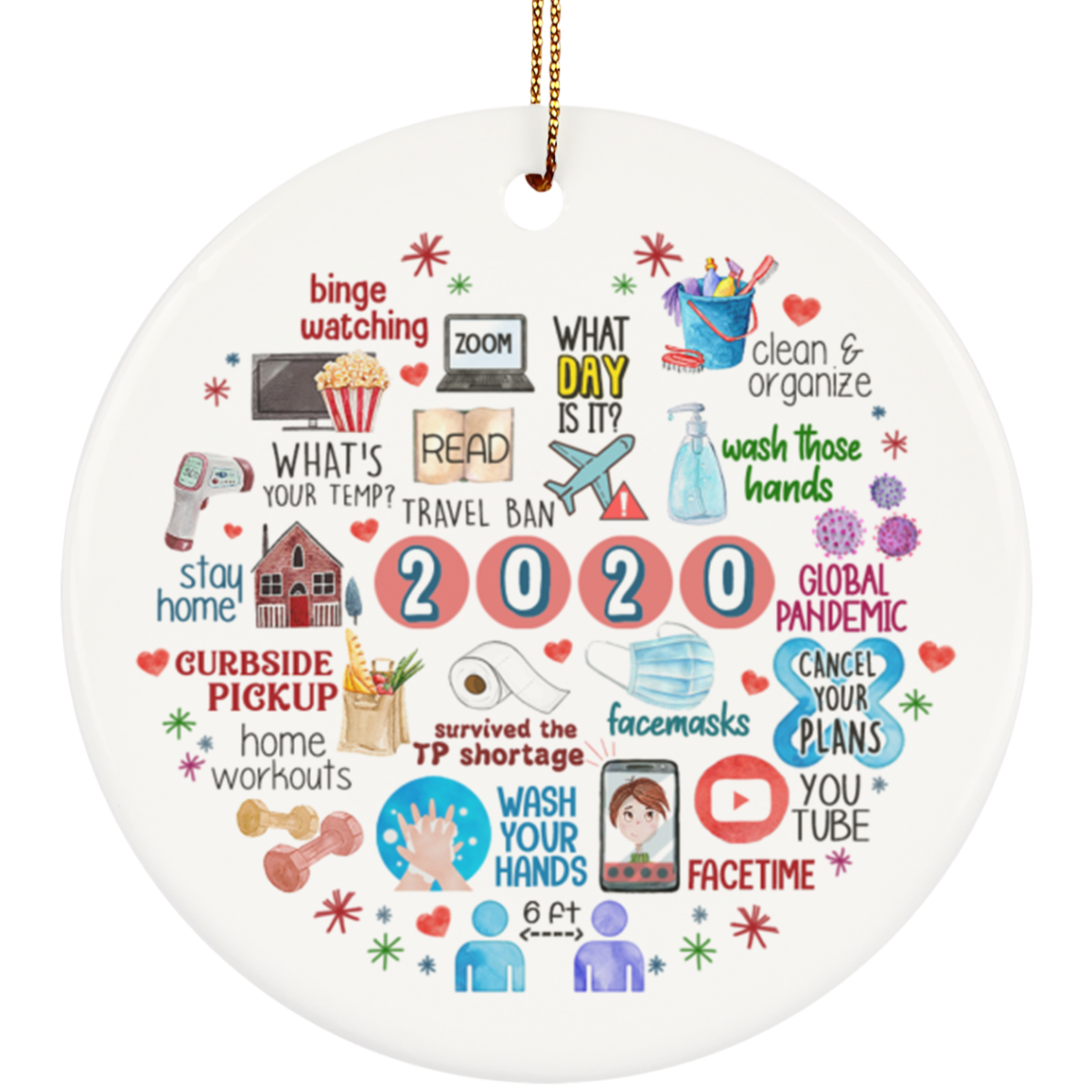 Cute Quarantine Stay At Home 2020 Holiday Flat Circle Porcelain Ceramic Ornament Keepsake - Pandemic Christmas Gift, White, Circle Ornament