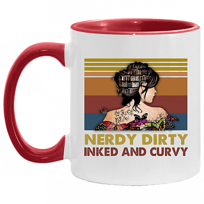 Nerdy Dirty Inked And Curvy Accent Coffee Mug - Gift For Book Lovers, White/Red, 11 oz. Accent Mug