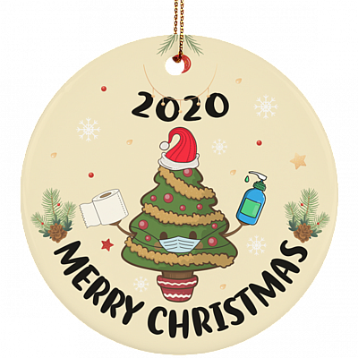 Merry Christmas Tree Mask Holiday Keepsake - Circle Porcelain Ceramic Ornament - Decoration Gift, White, Circle Ornament