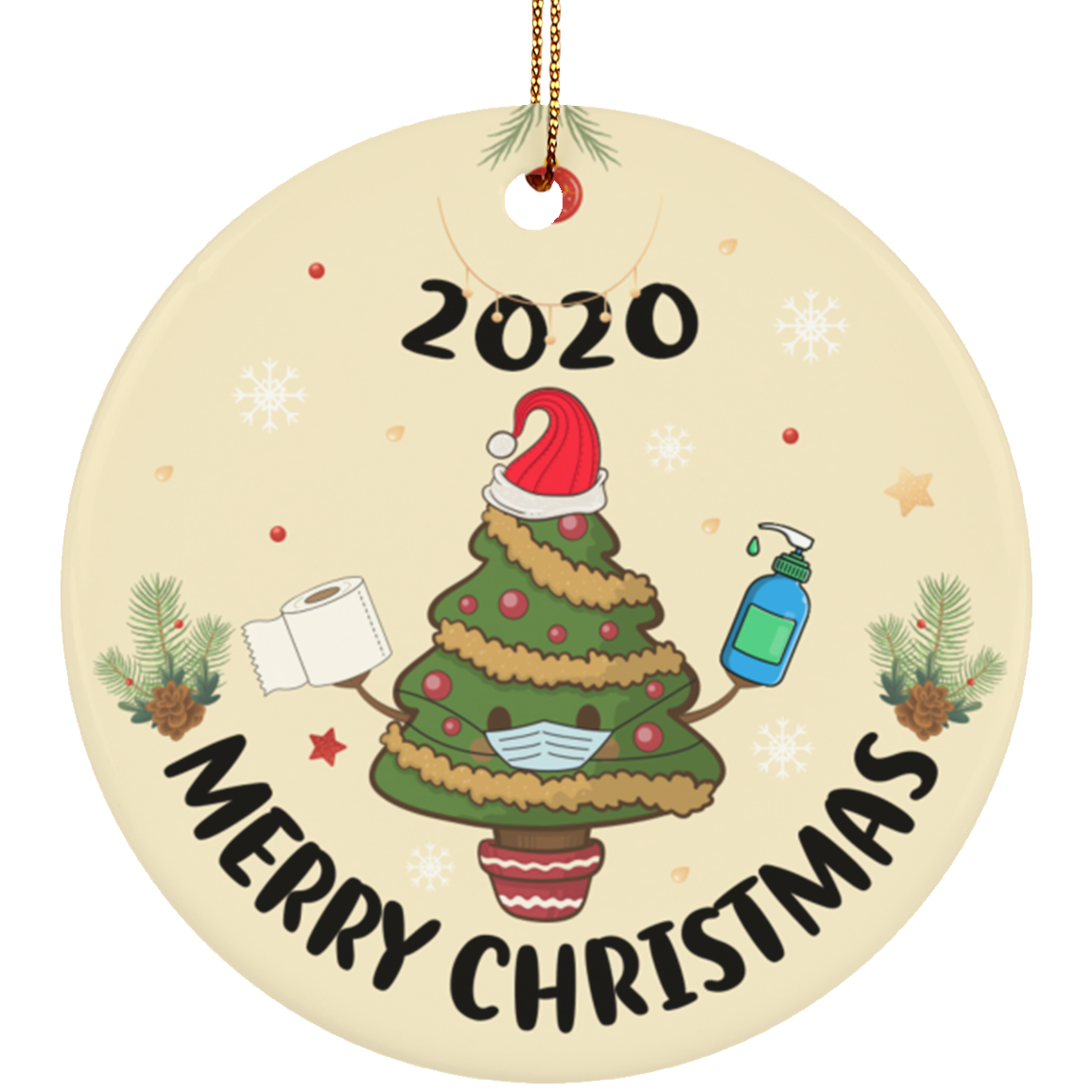 Merry Christmas Tree Mask Holiday Keepsake - Circle Porcelain Ceramic Ornament - Decoration Gift, White, Circle Ornament
