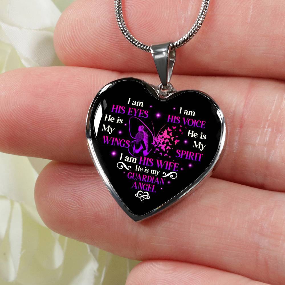 I Am His Eyes I Am His Voice He Is My Wings I Am His Wife He Is My Guardian Angel Butterfly Heart Pendant Necklace - Heart Luxury Necklace (Silver)