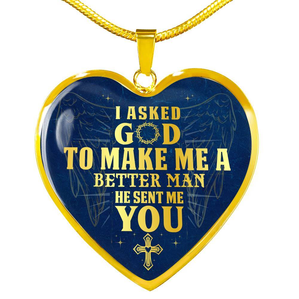 Gift to Her I Asked God to Make Me a Better Man He Sent Me You Cross Angel Wings Heart Pendant Necklace - Heart Luxury Necklace (Gold Plated)