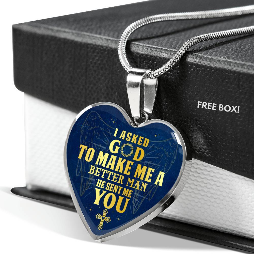 Gift to Her I Asked God to Make Me a Better Man He Sent Me You Cross Angel Wings Heart Pendant Necklace - Heart Luxury Necklace (Silver)