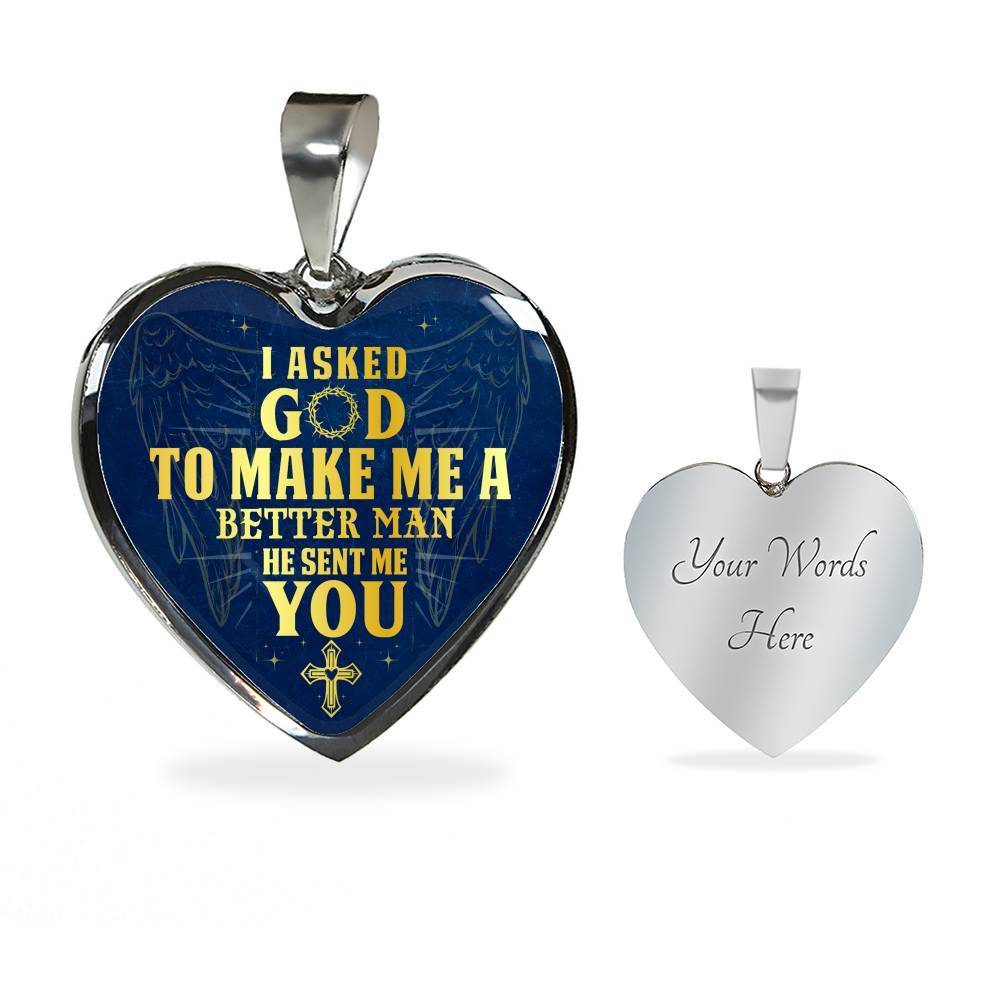 Gift to Her I Asked God to Make Me a Better Man He Sent Me You Cross Angel Wings Heart Pendant Necklace - Heart Luxury Necklace (Silver)