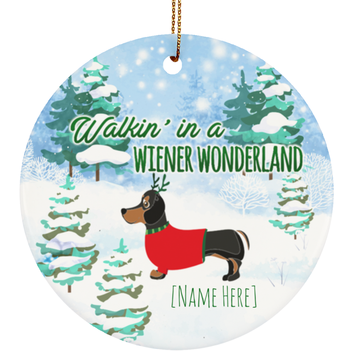 Personalized Walkin' In A Wiener Wonderland Funny Dachshund Dog Holiday Christmas Circle Ornament Keepsake, White, Circle Ornament