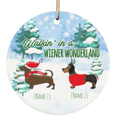 Personalized Walkin' In A Wiener Wonderland Funny Two Dachshunds Holiday Christmas Circle Ornament Keepsake, White, Circle Ornament