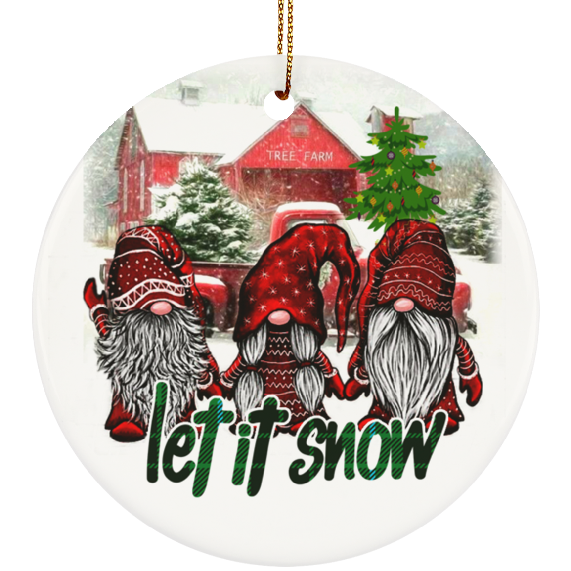 Funny Gnomes Let It Snow Saying Ornament - Forest Gnomes Christmas Is Coming Flat Circle Porcelain Ornament, White, Circle Ornament