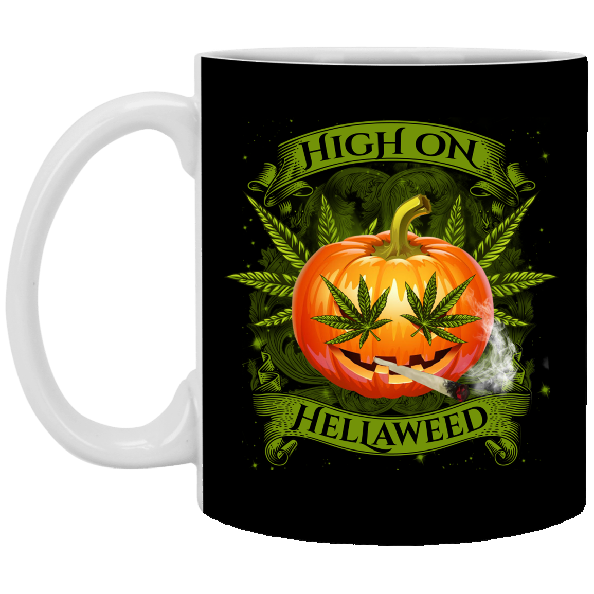 Hellaweed Cannabis Pumpkin Ceramic Coffee Mug - Travel Mug - Color Changing Mug, Black, XP8434 11 oz. White Mug