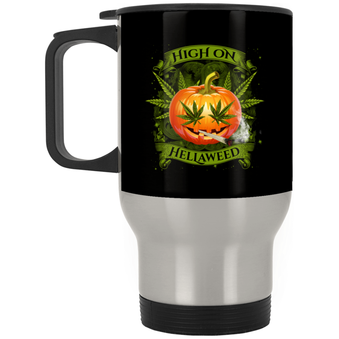 Hellaweed Cannabis Pumpkin Ceramic Coffee Mug - Travel Mug - Color Changing Mug, Black, 14 oz. Silver Travel Mug