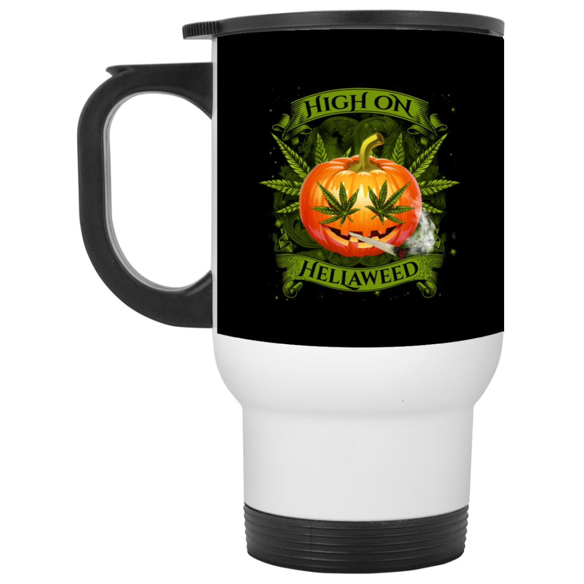 Hellaweed Cannabis Pumpkin Ceramic Coffee Mug - Travel Mug - Color Changing Mug, Black, 14 oz. White Travel Mug