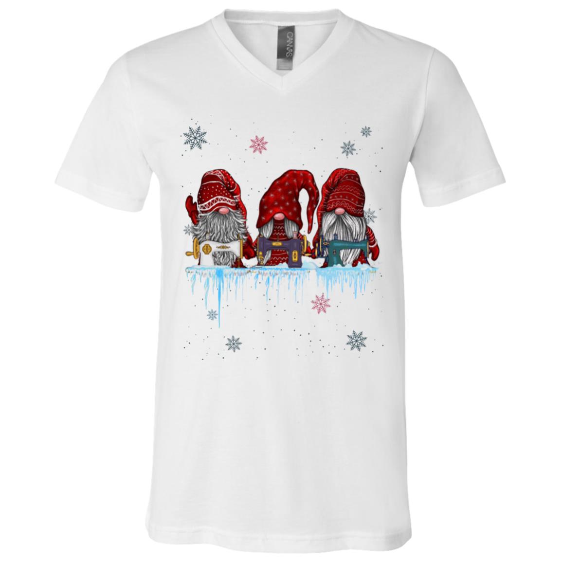 Gnomes Quilting Lovers For Christmas Light T-Shirt - V-Neck - Three Nordic Gnomes Winter Swedish Elves Shirt, White, V-Neck T-Shirt