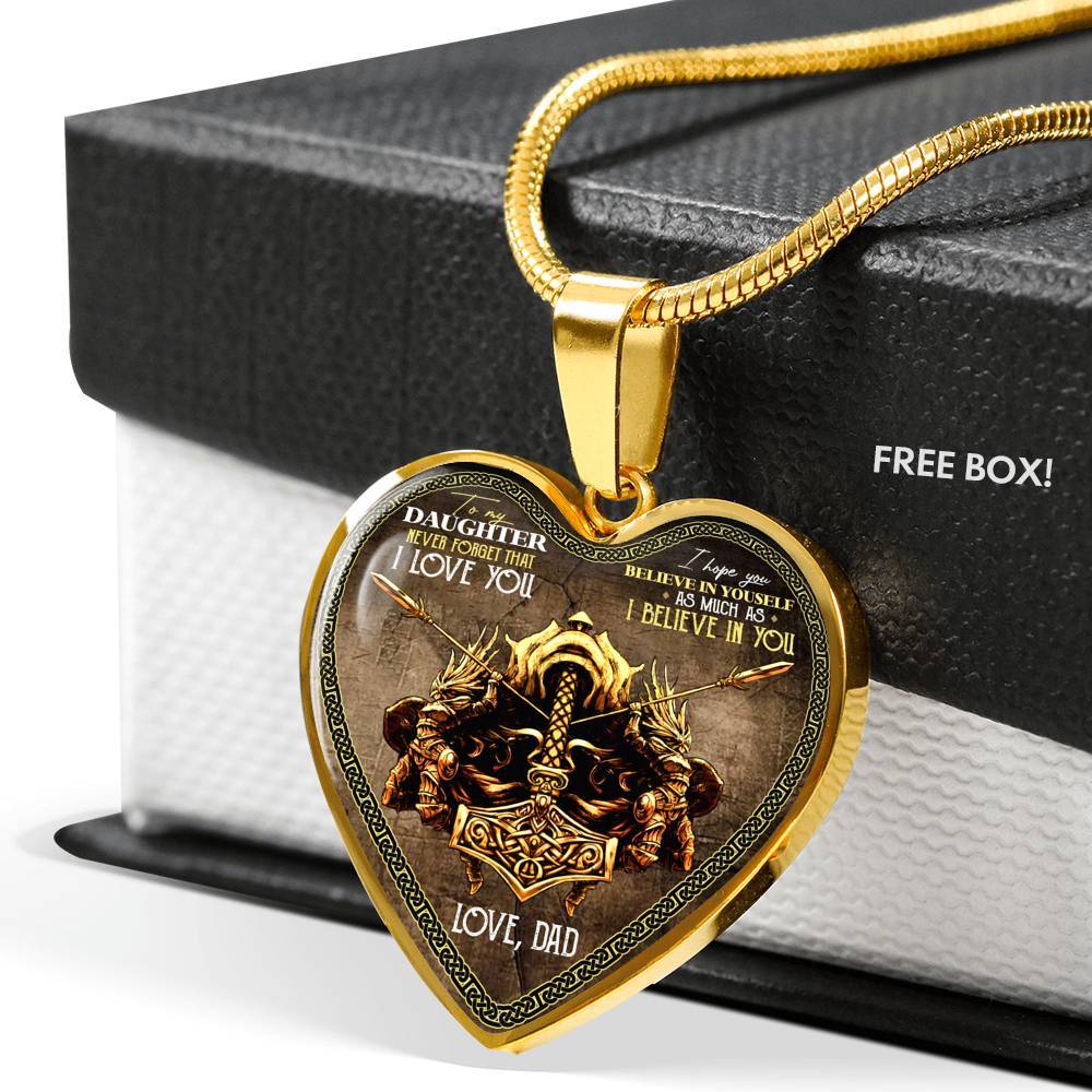 Viking Dad To Daughter Saying Gift Necklace - Viking Father Never Forget I Love You Heart Pendant Necklace - Heart Luxury Necklace (Gold Plated)