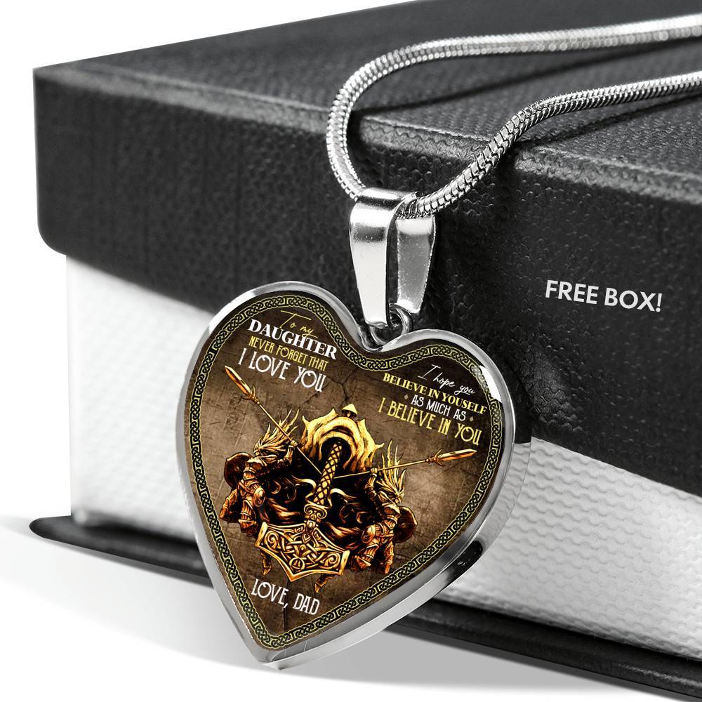 Viking Dad To Daughter Saying Gift Necklace - Viking Father Never Forget I Love You Heart Pendant Necklace - Heart Luxury Necklace (Silver)