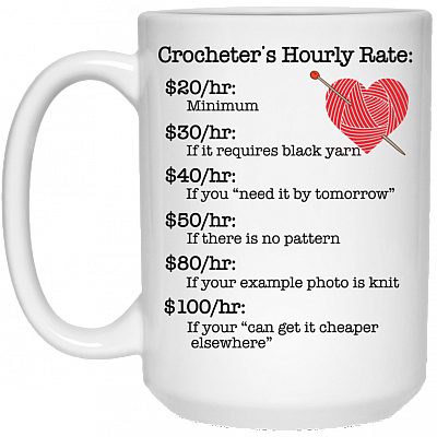 Crocheters Hourly Rate Ceramic Coffee Mug - Beer Stein -Water Bottle - Crocheter Gift, White, 15 oz. White Mug