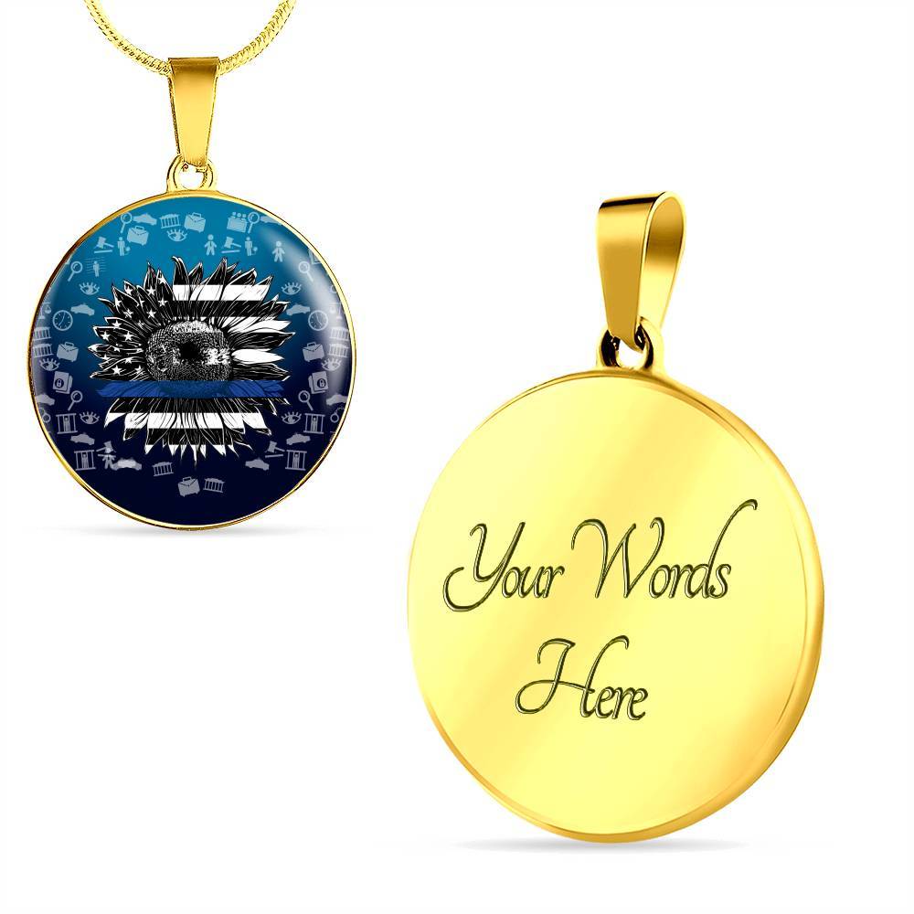 Sunflower Thin Blue Line American Flag Circle Pendant Necklace - Circle Luxury Necklace (Gold Plated)