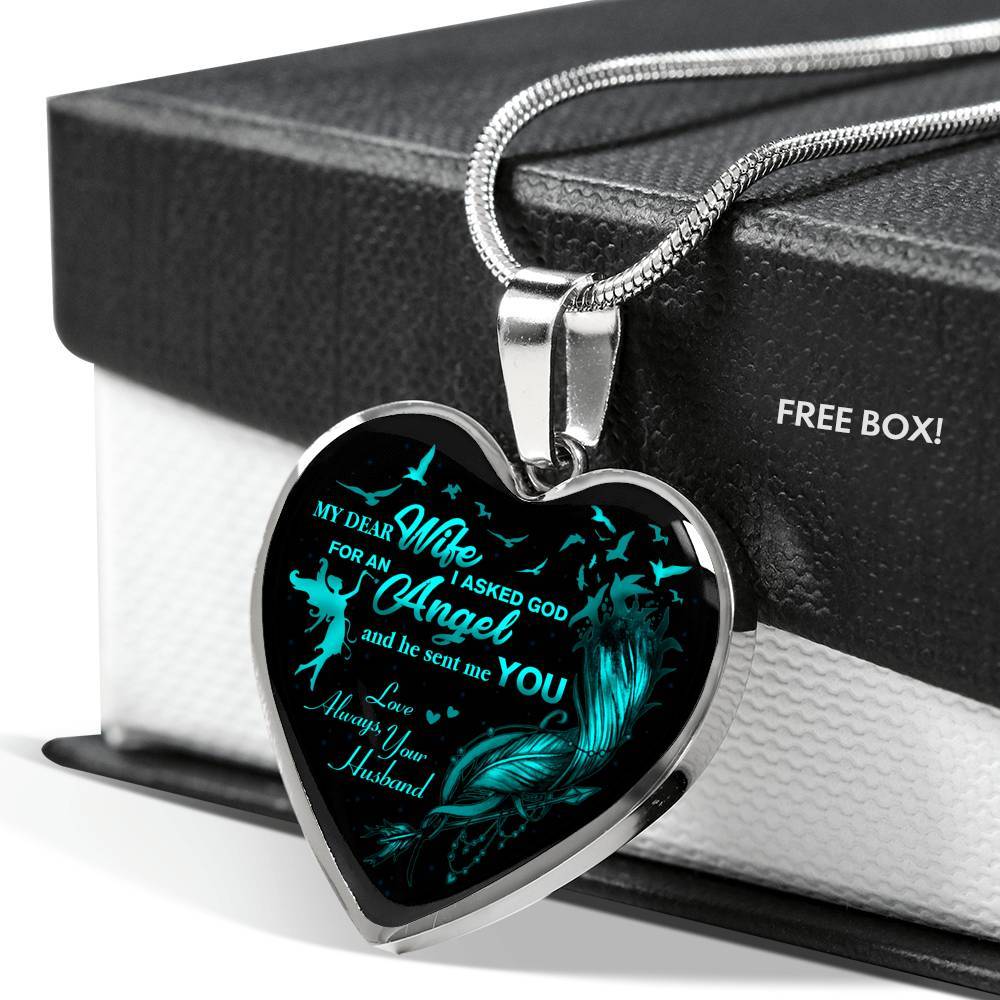 Husband To My Dear Wife Saying Gift Necklace - I Asked God For An Angel Wife Heart Pendant Necklace - Heart Luxury Necklace (Silver)