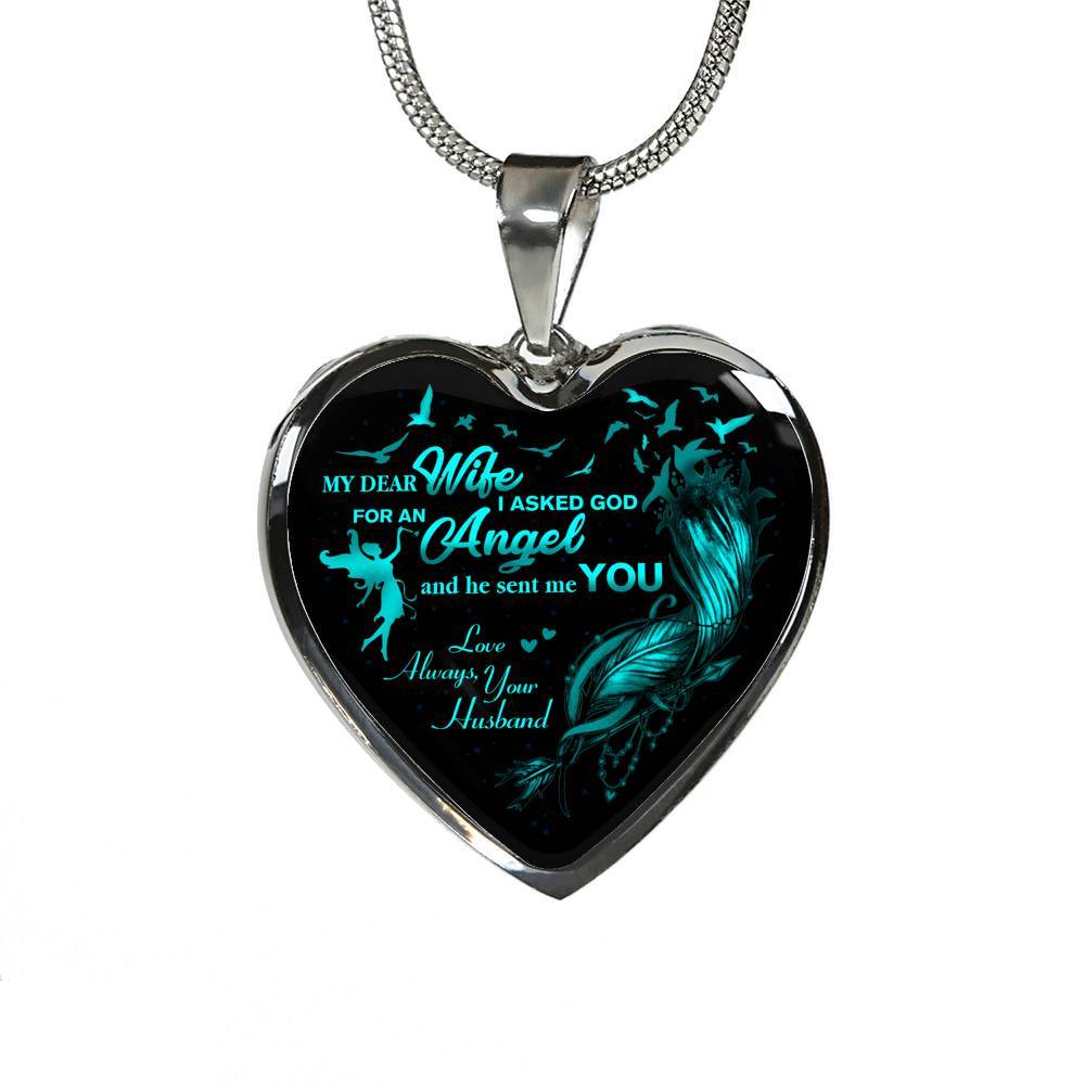 Husband To My Dear Wife Saying Gift Necklace - I Asked God For An Angel Wife Heart Pendant Necklace - Heart Luxury Necklace (Silver)