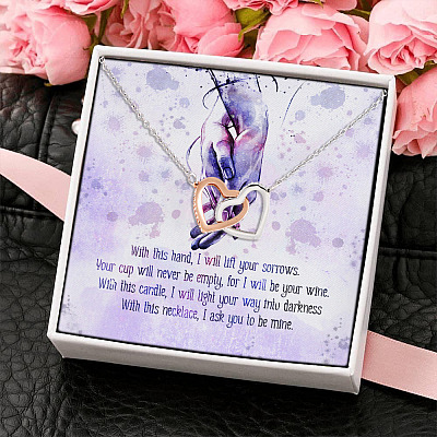 Lift Your Sorrows Be Your Wine Light Your Way Ask You Be Mine Interlocking Hearts Pendant Necklace