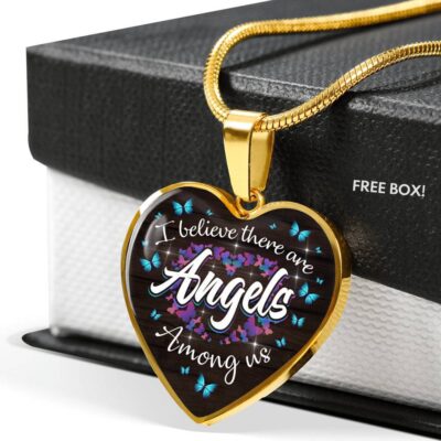 Butterfly I Believe There Are Angel Among Us Heart Pendant Necklace - Memorial Gifts For Loss Of Loved One - Heart Luxury Necklace (Gold Plated)