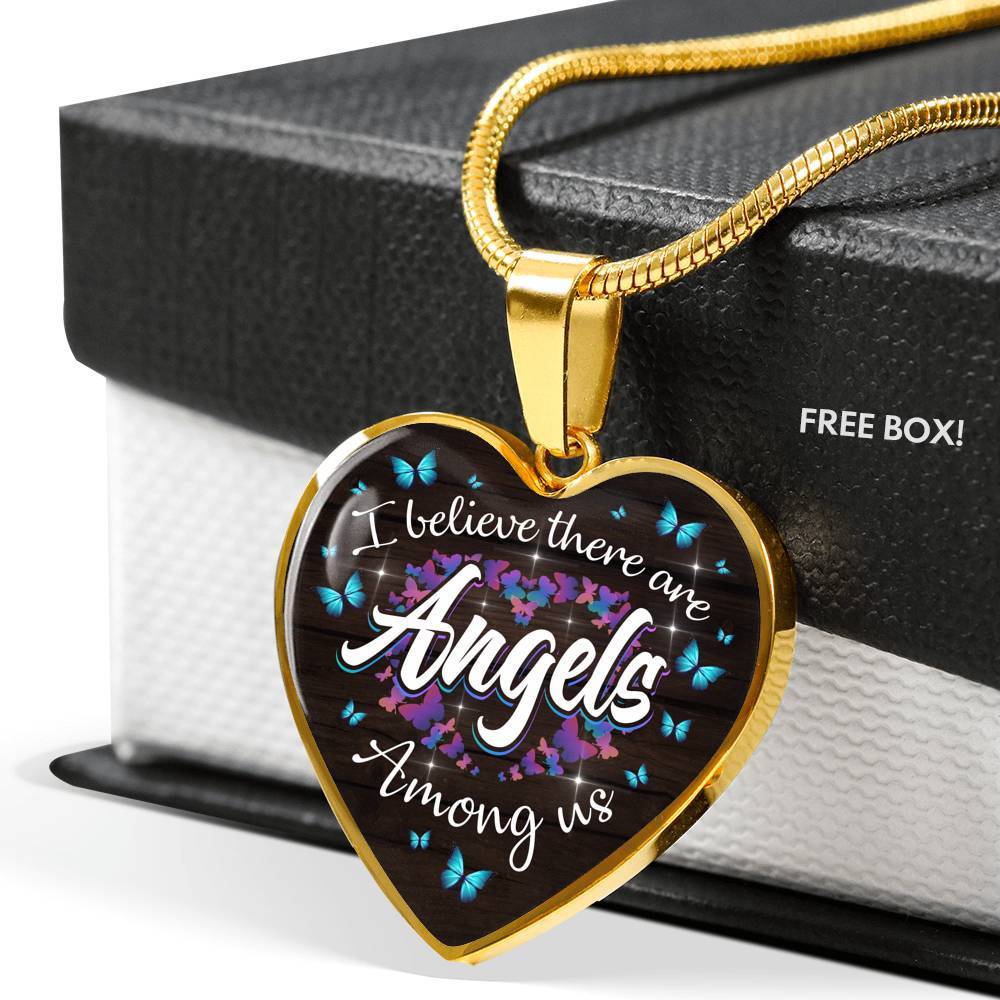 Butterfly I Believe There Are Angel Among Us Heart Pendant Necklace - Memorial Gifts For Loss Of Loved One - Heart Luxury Necklace (Gold Plated)
