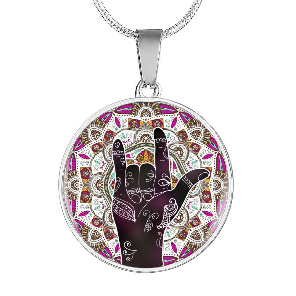 I Love You Sign Language Pendant Circle Necklace - Circle Luxury Necklace (Silver)
