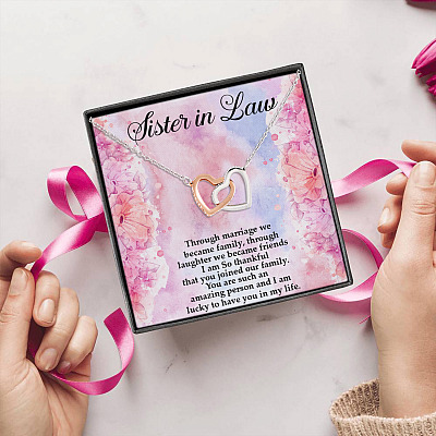 Alternative view of Gifts To Sister-in-Law Through Marriage We Became Family Interlocking Hearts Pendant Necklace