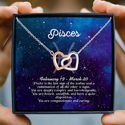 Pisces Sign Constellation Horoscope Zodiac Birthday Astrology Joined Interlocking Hearts Pendant Necklace