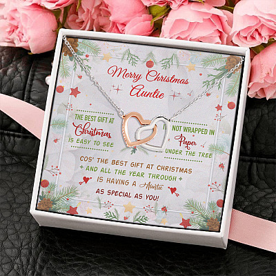 Merry Christmas Auntie The Best Gift At Christmas Is Having You Interlocking Hearts Pendant Necklace