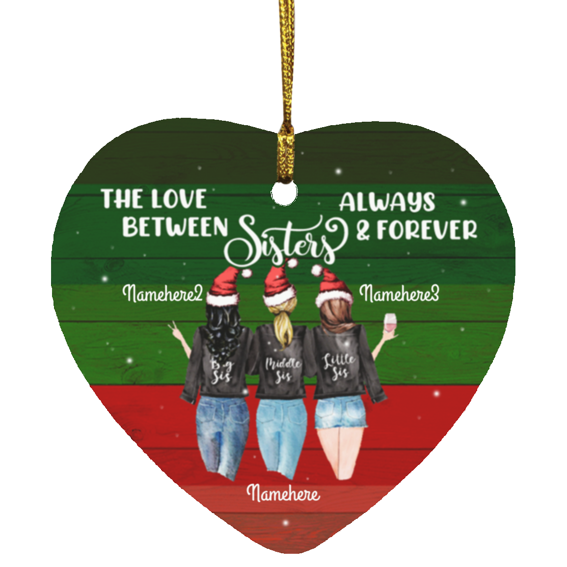 Personalized the Love Between Sister Always and Forever Sister Christmas Flat Holiday Heart Ornament, White, Heart Ornament