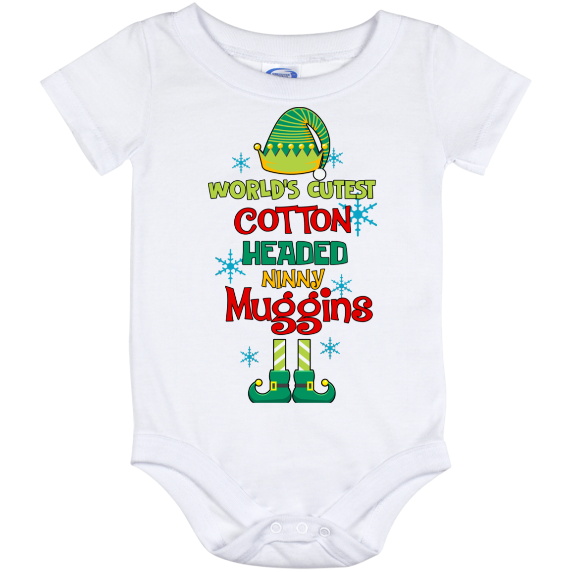 ELF World's Cutest Cotton Headed Ninny Muggins Holiday Baby Onesie - Funny Christmas ELF Baby Infant Bodysuit, White, Baby Onesie - 12 Month