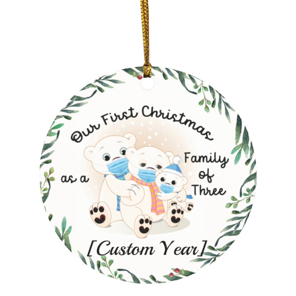 Personalized Family Of Three Polar Bears With Mask Decorative Christmas Ornament-Holiday Flat Circle Ornament, White, Circle Ornament