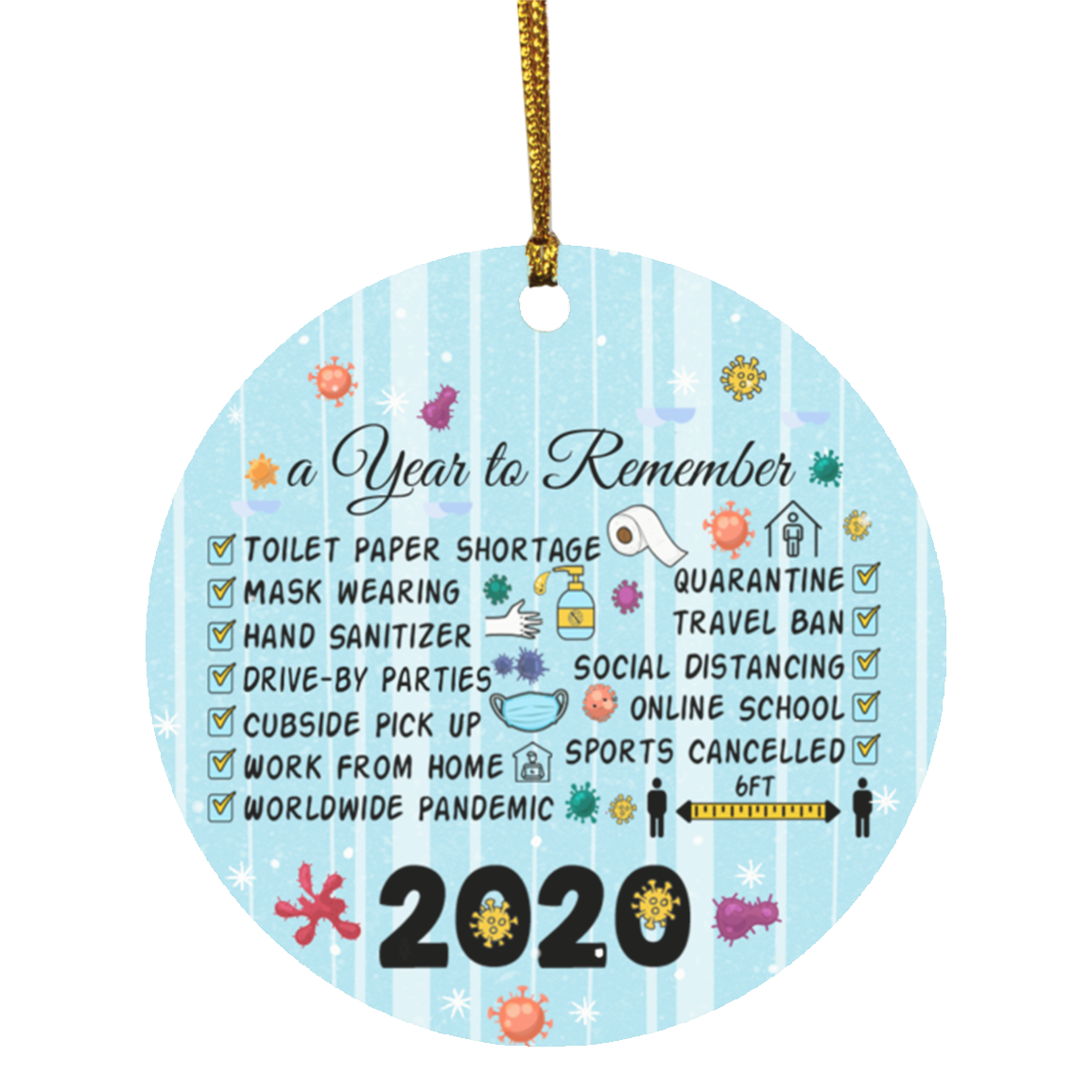Remembering 2020 Year of Quarantine Funny Christmas Flat Holiday Circle Ornament, White, Circle Ornament
