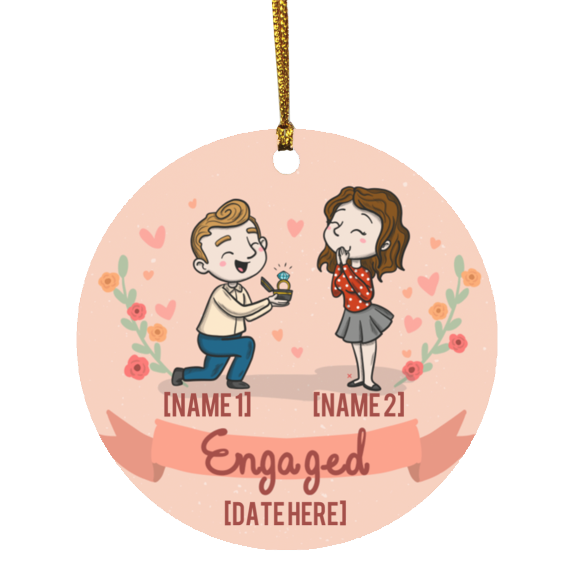 Personalized Engagement Christmas Ornament Keepsake - Holiday Flat Circle Ornament - Holiday Decoration Gift, White, Circle Ornament