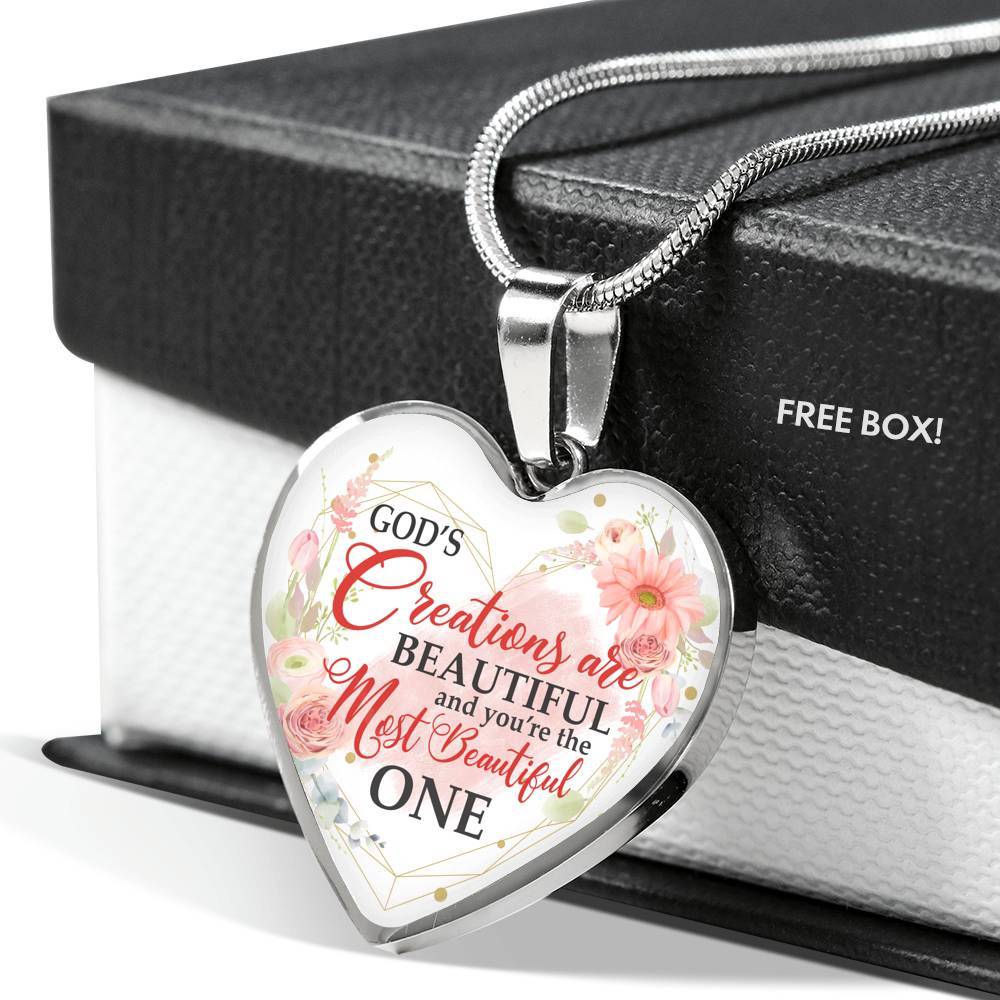 God's Creations Are Beautiful and You're The Most Beautiful One Floral Heart Pendant Necklace - Heart Luxury Necklace (Silver)