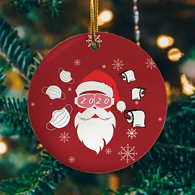 Alternative view of Santa Wearing Mask 2020 Funny Christmas Tree Flat Holiday Circle Ornament