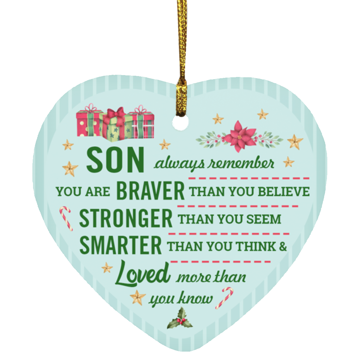 Remember You Are Braver Stronger Smarter Son Christmas Flat Holiday Heart Ornament, White, SUBORNH Heart Ornament