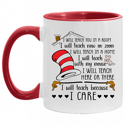 I Will Teach You In A Room I Will Teach Now Accent Mug - Funny Quarantined 2020 Teacher Mug, White/Red, 11 oz. Accent Mug
