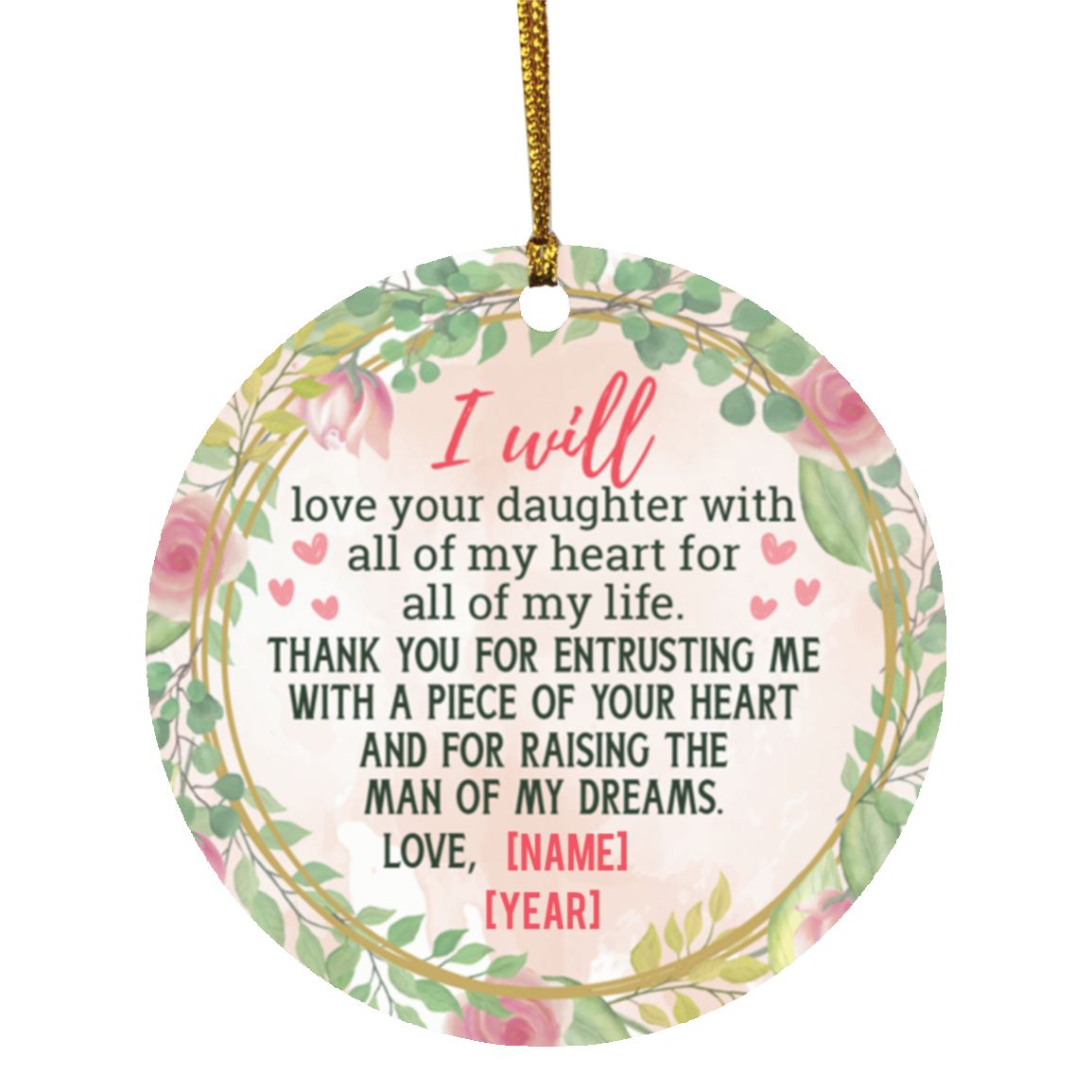 Personalized Christmas Ornament for Mother of Bride Mother in Law Gift Flat Holiday Circle Ornament Keepsake, White, Circle Ornament