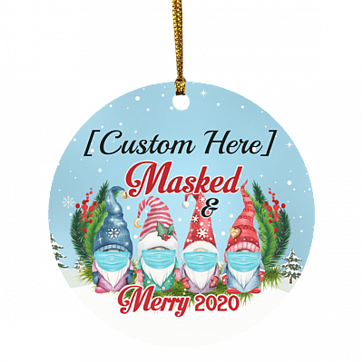 Personalized 4 Gnomes Family Masked And Merry 2020 Circle Christmas Tree Ornament Keepsake, White, Circle Ornament