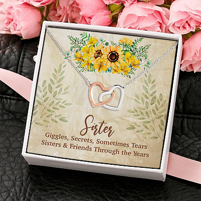 Sisters Giggles Secrets Sometime Tears Through the Years - Gift for BFF Bestie Soul Sister Interlocking Hearts Pendant Necklace