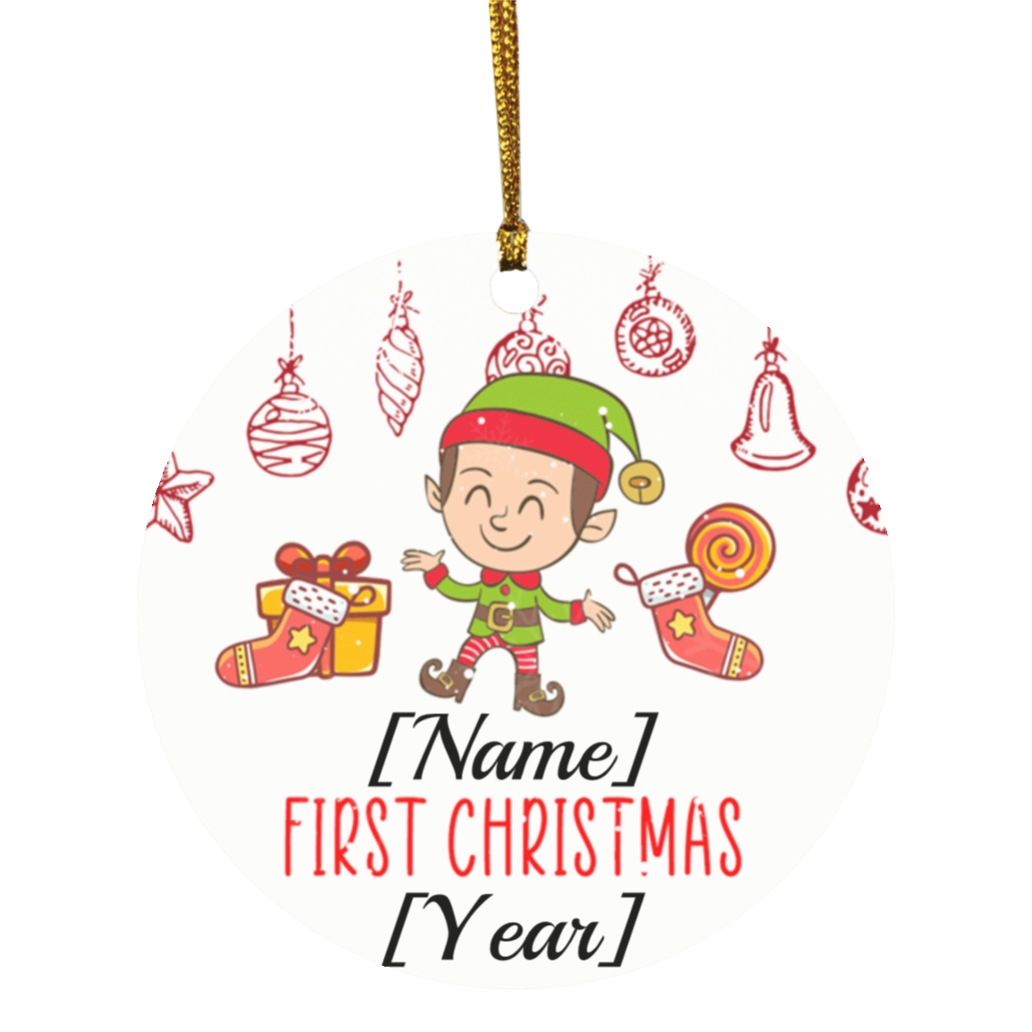Personalized Baby Boy ELF First Christmas 2020 Decorative Christmas Ornament - Holiday Flat Circle Ornament, White, Circle Ornament