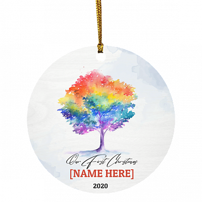 Personalized Our First Christmas Married Rainbow Tree 2020 Circle Ornament - Newlywed Holiday Keepsake, White, Circle Ornament