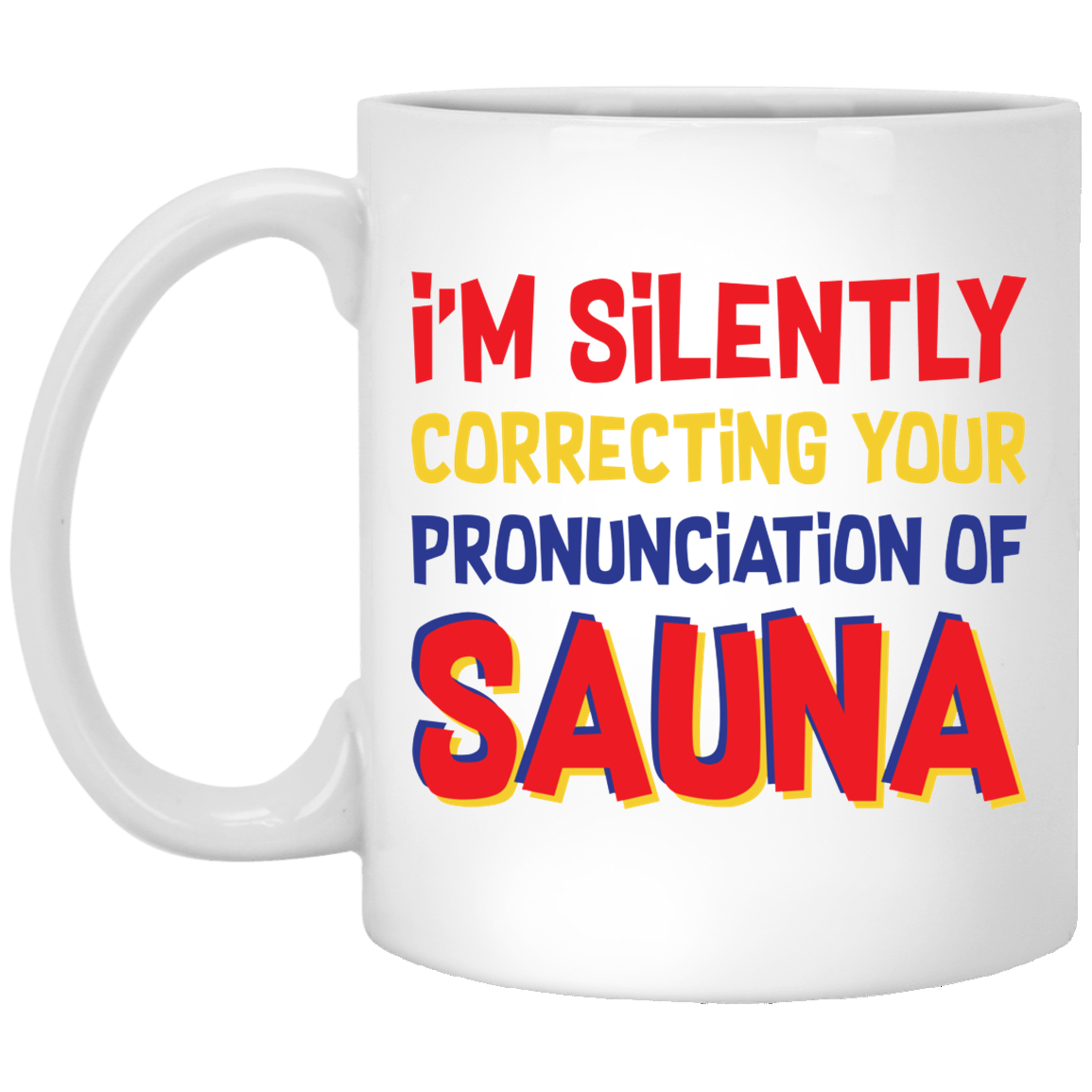 I'm Silently Correcting Your Pronunciation Of Sauna Funny Finnish Ceramic Coffee Mug - Beer Stein - Water Bottle, White, 11 oz. White Mug