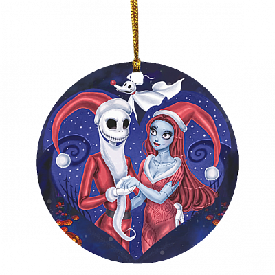 Jack And Sally Christmas Ornament - Couples Christmas Ornament - Valentine Couples Matching Ornament, White, Circle Ornament