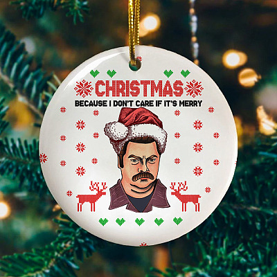 Alternative view of Ron Swanson I Don't Care If It Merry Xmas Funny Parks and Recreation Christmas Flat Circle Ornament Keepsake