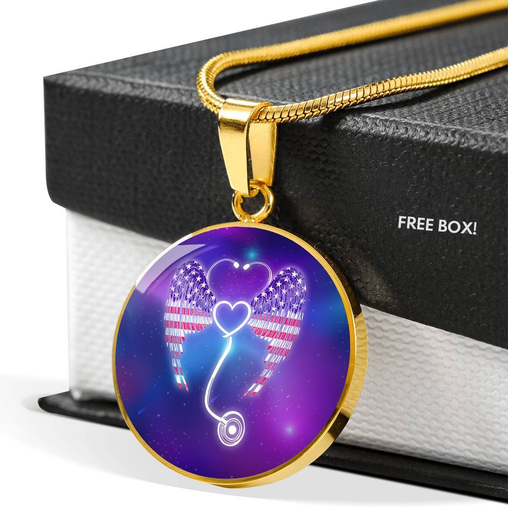 Nursing Stethoscope Wing Circle Pendant Necklace - Circle Luxury Necklace (Gold Plated)