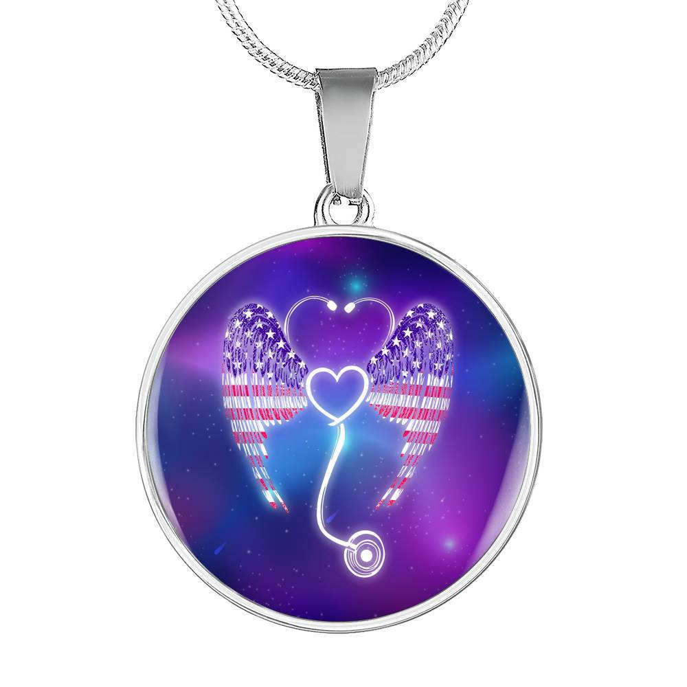 Nursing Stethoscope Wing Circle Pendant Necklace - Circle Luxury Necklace (Silver)